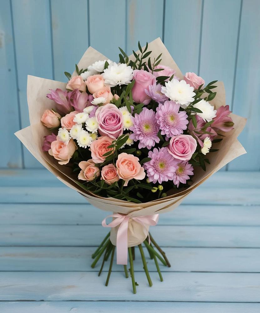 Букет цветов из: Хризантемы, Розы и Альстромерии в Зеленогорске