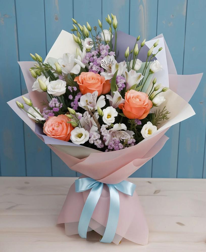 Букет цветов из: Лизиантусы, Розы, Альстромерии и Гипсофила в Зеленогорске