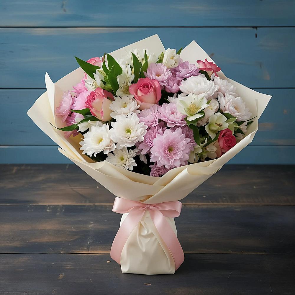 Букет цветов из: Хризантемы, Альстромерии и Розы в Зеленогорске